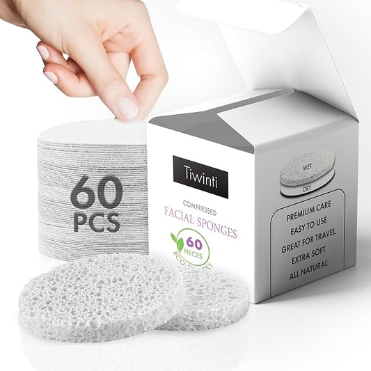 60 Count Compressed Facial Sponges - Natural Wood Pulp Round Esthetician Face Sponges for Cleansing, Daily Face Washing, Exfoliating Makeup, and Mask Removal (White)