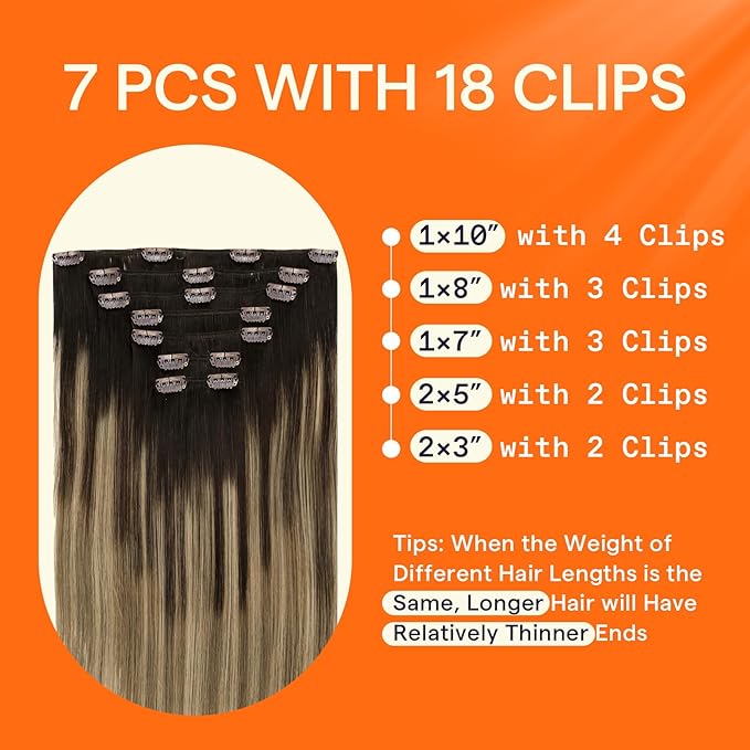 Full Shine Dark Brown Balayage Clip in Extensions Real Human Hair 18 Inch Clip on Hair Extensions for Women Balayage Dark Brown Ombre Honey Blonde 7 Pcs 120 G