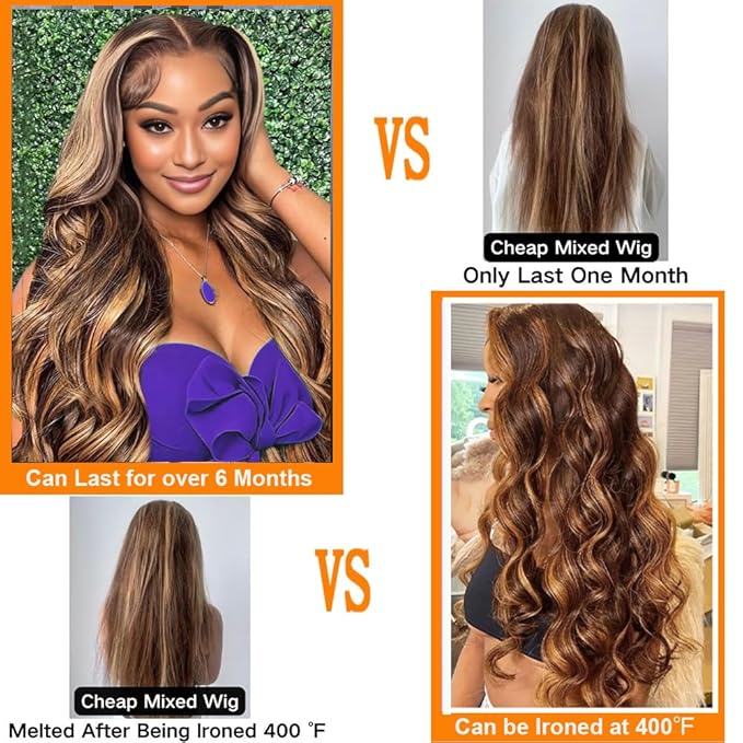 Tuneful 30 Inch Honey Blonde Ombre Lace Front Wig Human Hair 13x6 HD Lace Front Wig 4/27 Highlight Ombre Body Wave Lace Frontal Glueless Wigs Pre Plucked with Baby Hair
