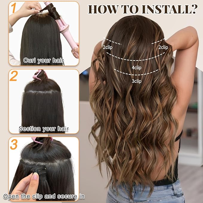 ALXNAN Clip in Long Wavy Synthetic Hair Extension 24 Inch Medium Brown with Blonde Highlights 4PCS Thick Hairpieces Fiber Double Weft Hair for Women