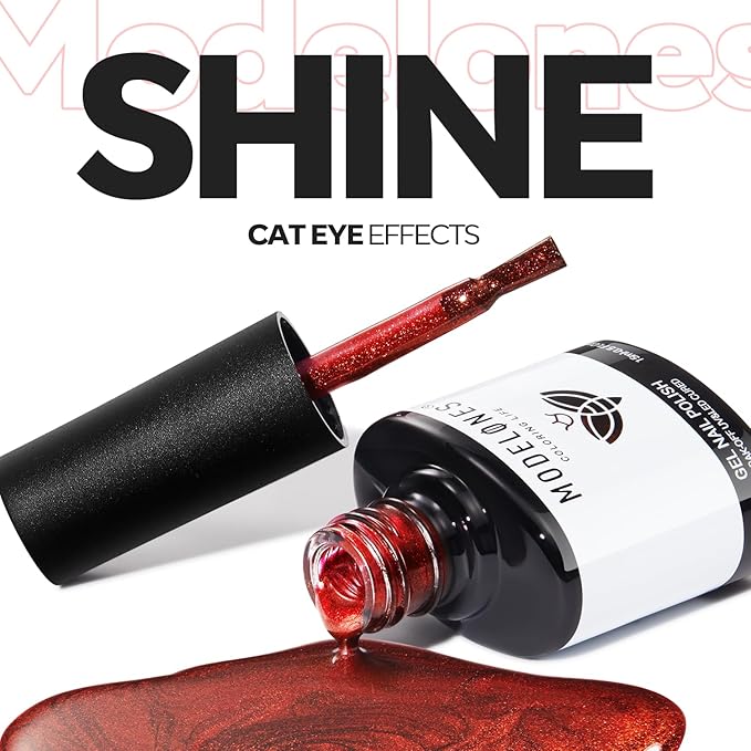modelones Red Cat Eye Gel Nail Polish Magnetic Glitter Holographic Red Ruby Christmas Polish Reflective Jelly Translucent UV Gel Manicure 15 ML