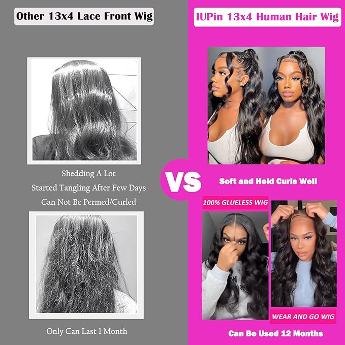 IUPin 250% Density 28 Inch Body Wave HD Lace Front Wigs Human Hair Glueless Wigs Pre Plucked 13x4 Transparent Body Wave Frontal Human Hair Wig with Baby Hair Lace Front for Black Women