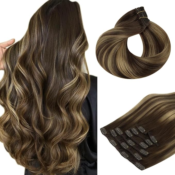 HOTBANANA Human Hair Clip in Hair Extensions, Balayage Chocolate Brown Mixed Caramel Blonde 120g Clip in Hair Extensions Real Human Hair Straight Remy Hair Clip Ins Dark Roots Ombre 14 Inch 7pcs
