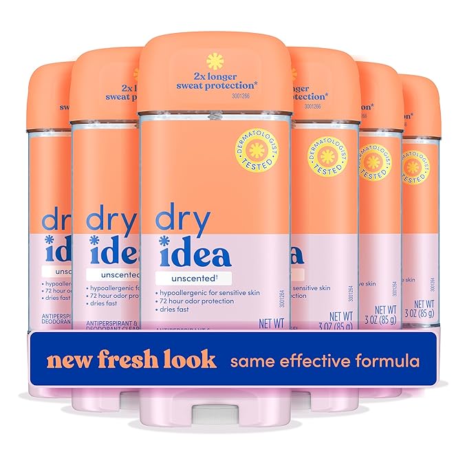 Dry Idea Gel Deodorant & Antiperspirant for Women - Hypoallergenic for Sensitive Skin, 2X Longer Sweat Protection, 72Hr Sweat & Odor Protection, Unscented Womens Deodorant, 3 oz (6 Pack)