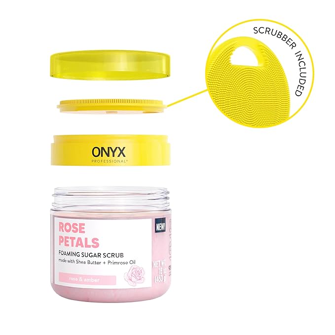Onyx Professional Foaming Body Scrub With Brush, Rose Petals, 16oz, 2pk - Sugar Scrub Made with Shea Butter and Primrose Oil, Includes Built-in Scrubber