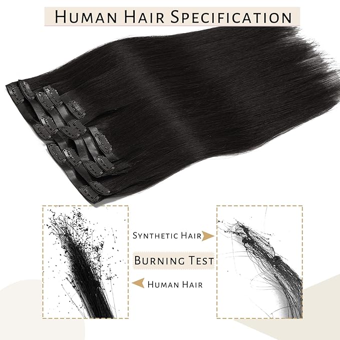 Caliee Hair Extensions Seamless Clip in Human Hair Ultra Thin PU Weft Color 1B Natural Black Clip in Hair Extensions Straight 7Pcs Full Head Clip on Human Hair 110G 20Inch