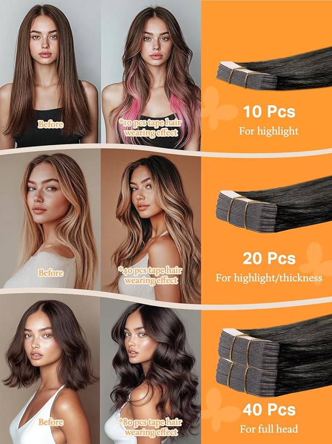 DOORES 16 Inch Tape in Hair Extensions Ombre Jet Black to Red Real Human Hair Extensions Tape in Straight Hair Extensions Natural Hair Skin Weft 50g 20pcs