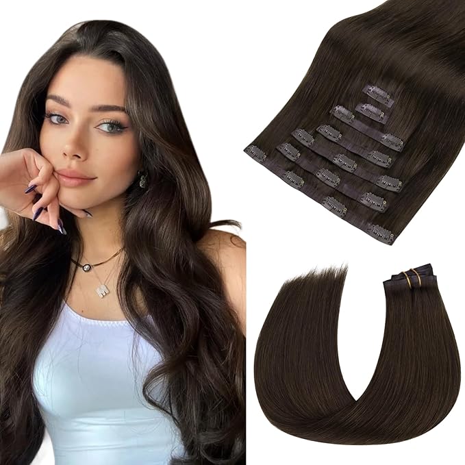 HOTBANANA Seamless Clip in Hair Extensions, 18 Inch 110g 7pcs Light Dark Brown Invisible PU Skin Weft Straight Remy Human Hair Extensions