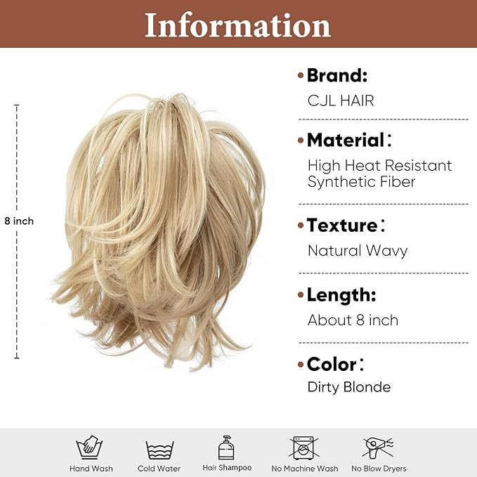 CJL HAIR Claw Clip Short Ponytail Hair Extensions DIY Bendable Metals Messy Bun Hair Piece for Wonen Straight Synthetic Fake Hairpieces Dirty Blonde