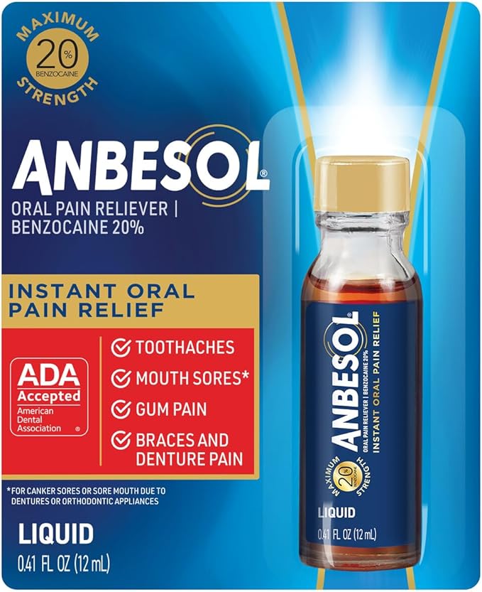 Anbesol Maximum Strength Liquid, Instant Oral Pain Relief for Toothaches, Mouth Sores*, Gum, Braces & Denture Pain, ADA Accepted, 0.41 oz