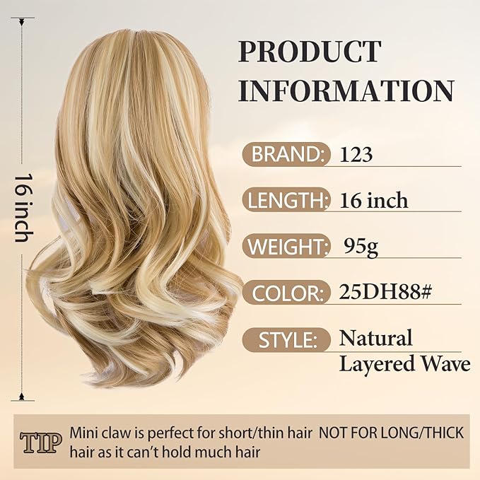 Ponytail Extension, 12 Inch Claw Clip in Ponytail Extension Curly Wavy Pony Tails Hair Extensions Synthetic Clip on Pony Tails Hairpiece for Women-Medium Blonde with Blonde Highlights25