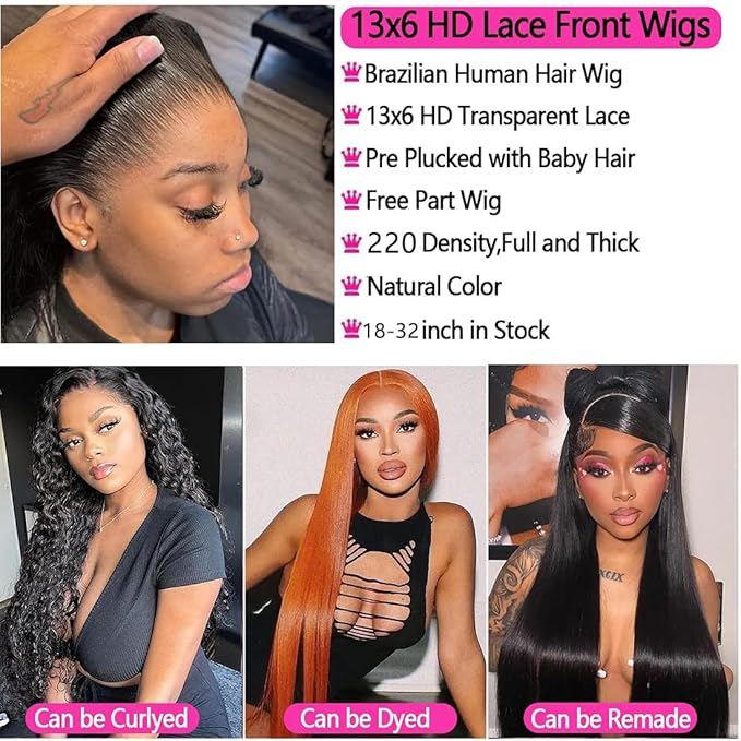 13x6 Straight Lace Front Wigs Human Hair HD Transparent Lace Frontal Human Hair Wigs for Women Glueless Wigs Human Hair Pre Plucked Black Wig 200% Density 26 Inch