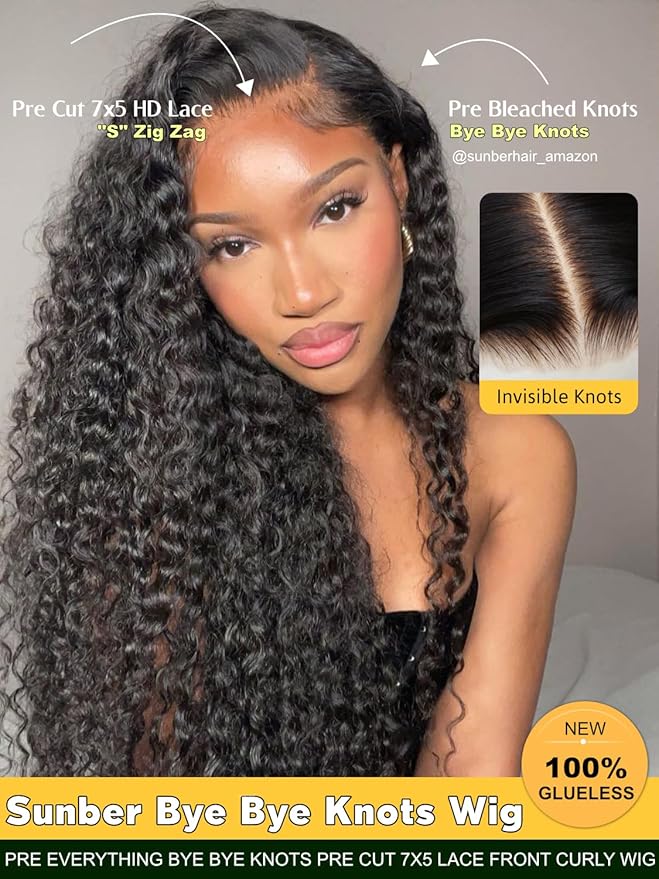 Sunber Bye Bye Knots Curly Glueless Human Hair Wig Pre cut 7x5 HD Lace Front Put On Go 3S Wear Pre Bleached Invisible Knots 150% Density Pre Plucked with Baby Hair 18Inch Pre Everything Curly Wigs