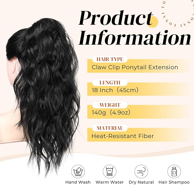 LONAI Black Ponytail Extension, 18" Wavy Claw Clip Ponytail Extensions ZJ001 Shoulder Length Curly Wavy Claw Clip in Ponytail Hair Extensions Synthetic Fake Pony tails Hairpieces-Black