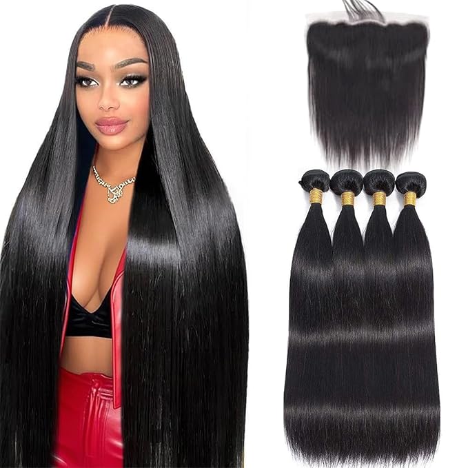 Human Hair Bundles with Frontal Closure (12 12 12 12+10,Free Part), 4 Bundles Human Hair with 13x4 HD Lace Frontal,16A 100% Virgin Brazilian Straight Hair Extensions Double Weft
