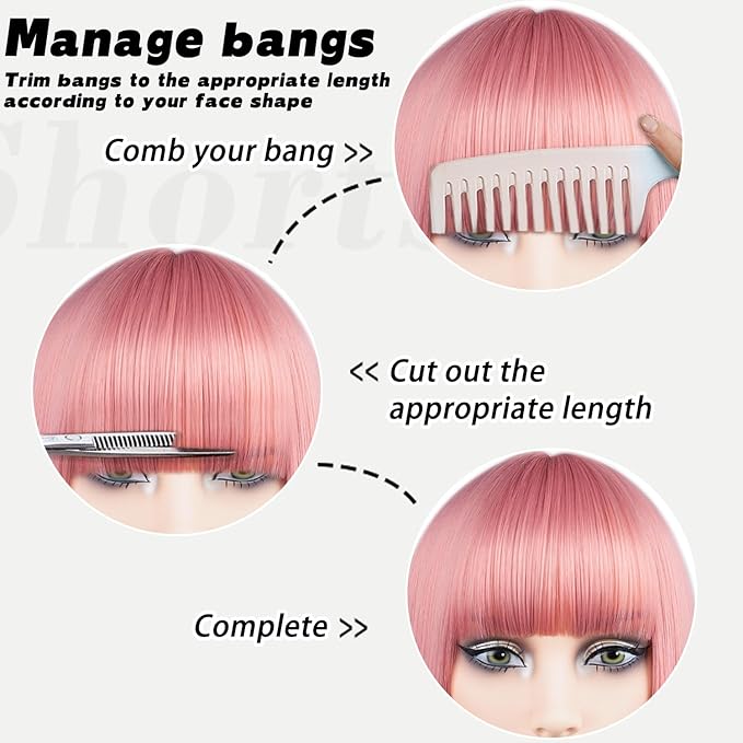 MAYSA Pink Bob Wig with Bangs for Women Short Straight Bob Wigs 12in Synthetic Cosplay Daily Party Colorful Neon Wigs # Light Pink