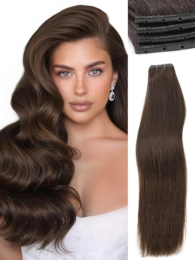 WIGNEE Double Invisible PU OVO Human Hair Extensions 100% Remy Hair Weft Brown Hair Extensions Human Hair 2 PCS 20 Inch No Glue Genius Micro Bead Real Human Hair Extensions (2)