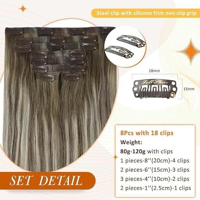 Full Shine Balayage Clip in Hair Extensions 22 Inch Ash Brown to Platinum Blonde Seamless Hair Extensions Clip in Long Hair for Women 8 PCS 120 G