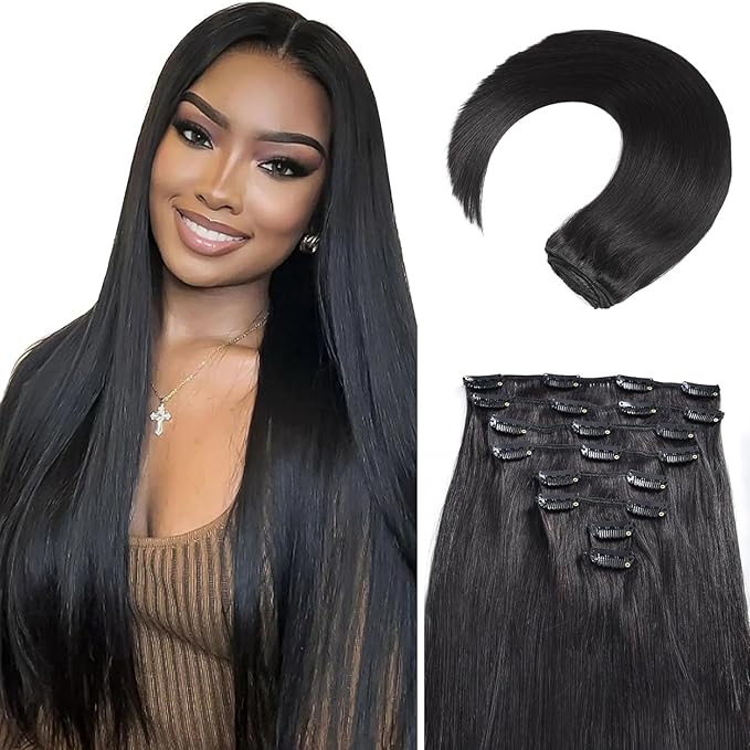 Clip in Hair Extensions Real Human Hair, 22Inch 110g, 1B Natural Black, Invisible Seamless Straight Remy Human Hair Clip in Extensions for Women 8pcs Per Set with Double Weft