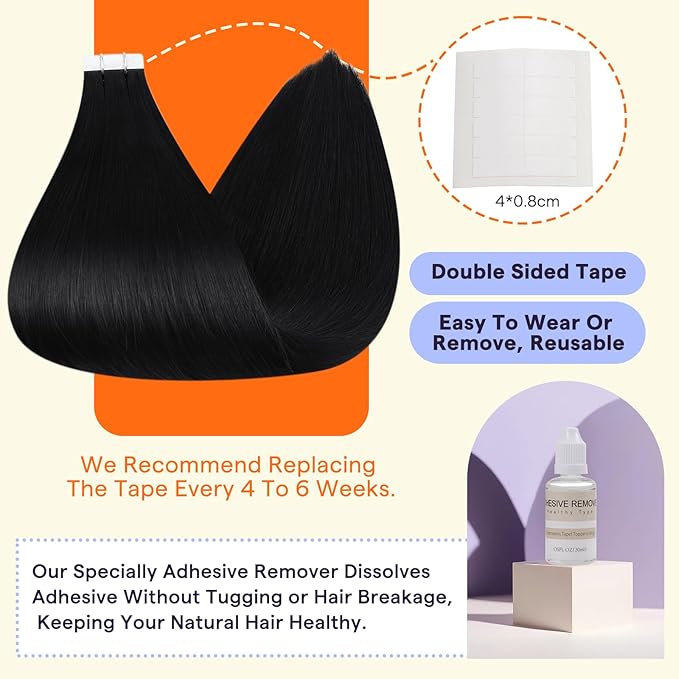 Full Shine Hair Extensions Tape in 20 Inch Color 1 Jet Black Natural Seamless Skin Weft Tape in Hair Extensions Human Hair 20PCS Invisible Remy Extensions for Women Real Hair 50 Grams