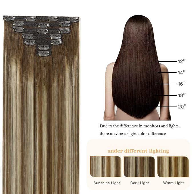 Clip in Hair Extensions Chestnut Brown Balayage to Platinum Blonde Mix Brown Real Human Hair Medium Brown Ombre Hair Extensions Remy Human Hair Clip in Extensions 14Inch 7Pcs 105g