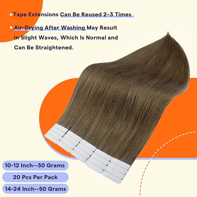 Full Shine Human Hair Extensions Tape in Color 3 Brown Tape in Hair Extensions Human Hair Brazilian 24 Inch Invisible Seamless Skin Weft 20PCS Straight Soft and Silky 50 Grams for Party