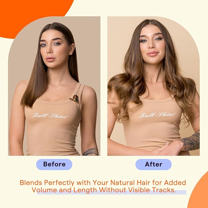 Full Shine Human Hair Tape in Extensions 16 Inch Seamless Tape In Hair Extensions Human Hair Color 4 Medium Brown Highlight 27 Honey Blonde 50g Double Side Remy Hair Extensions 20PCS for Party