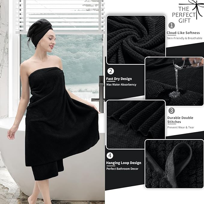 Extra Large Bath Towel Set of 4 (35"x70"),Oversized Bath Sheet Super Soft Highly Absorbent Jumbo Bathroom Towel Set Microfibers Quick Dry Shower Towel for Hotel,Bathroom,Guest,Spa,Gym (Black)