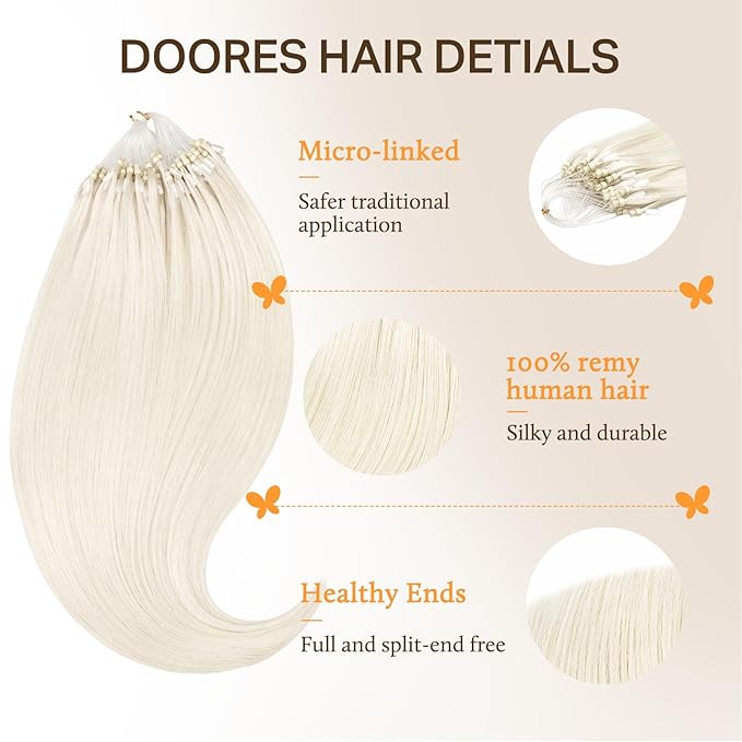 DOORES Microlink Hair Extensions Human Hair, Pearl Blonde 50g/50s 20 Inch, Micro Bead Extensions Natural Straight for Women Cold Fusion