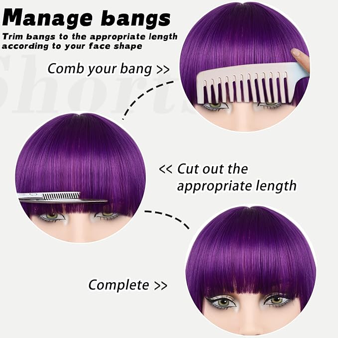 MAYSA Purple Bob Wig with Bangs for Women Short Straight Bob Wigs 12in Synthetic Cosplay Daily Party Colorful Neon Wigs # Dark Purple
