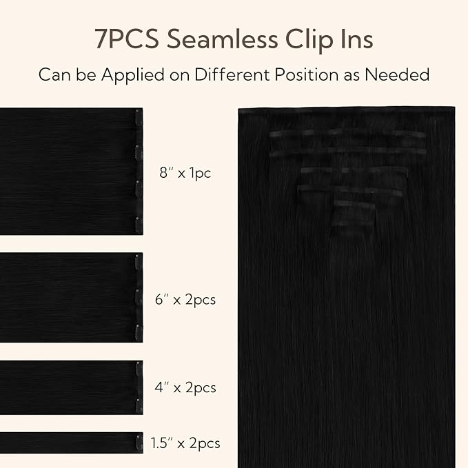 HOTBANANA Seamless Clip in Hair Extensions, 14 Inch 110g 7pcs Jet Black Invisible PU Skin Weft Straight Remy Human Hair Extensions