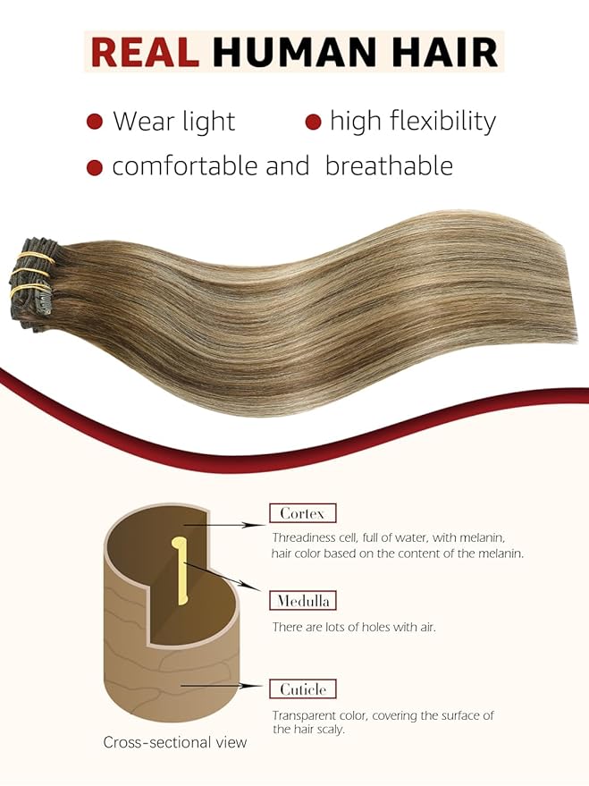 Clip in Hair Extensions Real Human Hair,Balayage Chocolate Brown To Caramel Blonde, 22 Inch 120g Natural Straight Clip On Hair Extensions 6pcs Per Set with 18 Clips (#4/27/4,22")