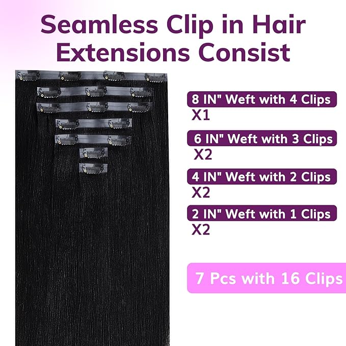 IDN BEAUTY Seamless Clip In Hair Extensions Human Hair, Yaki Straight 16 Inch 110g 7pcs Natural Black Remy Virgin Human Hair Seamless Clip Ins For Black Women PU Weft Invisible Edge