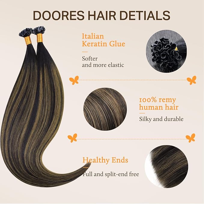 DOORES K Tip Hair Extensions Real Human Hair, Natural Black to Chestnut Brown 24 Inch 50g/50s, Invisible U Tip Natural Straight