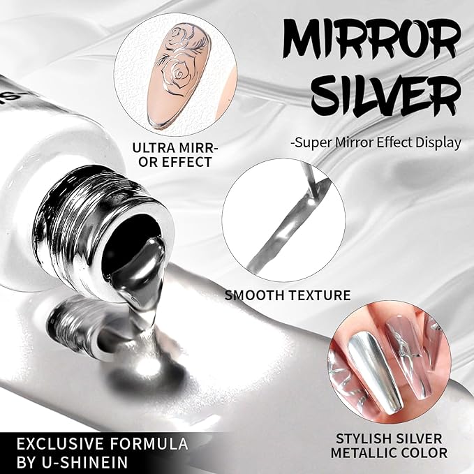 12ml Metallic Painting Gel Liner Nail Art 3D Mirror Chrome Effect Metal Painted Drawing Build in Thin Brush Soak Off UV/LED Silver Striper Gel for Salon Home DIY Manicure
