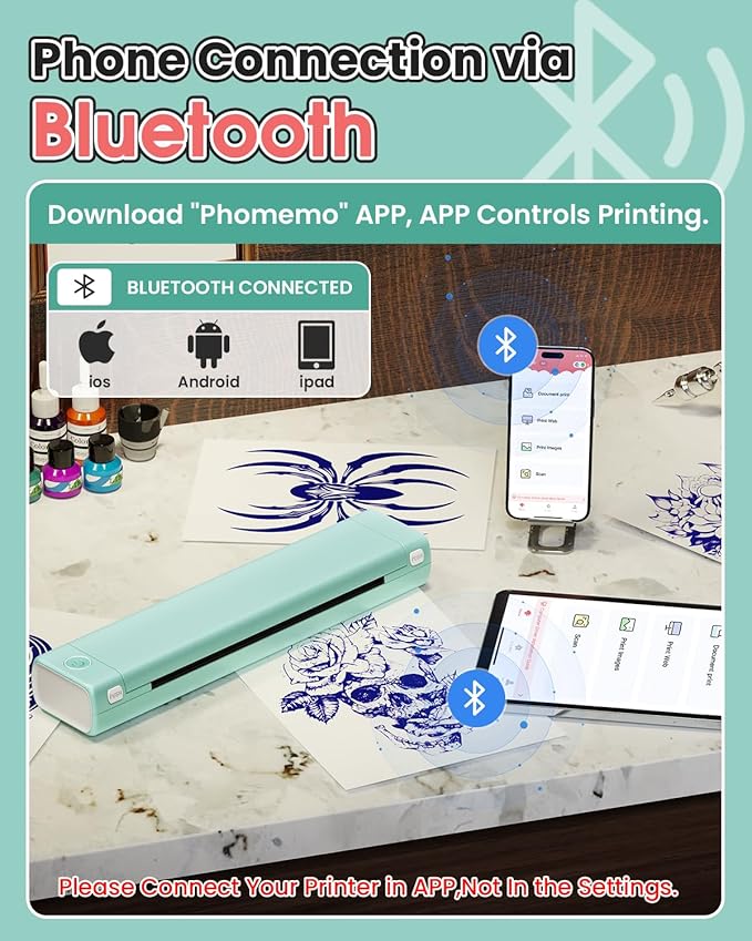 Phomemo Tattoo Stencil Printer, M08F Wireless Thermal Tattoo Printer with 10pcs Transfer Paper, Compatible with Phone/Tablet/PC, Tattoo Supplies for Tattoo Artists & Beginners, Green