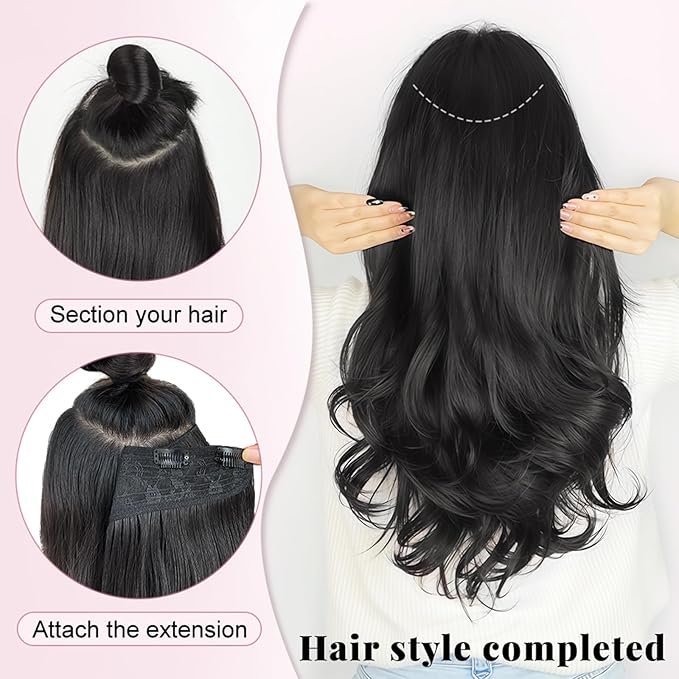 ALXNAN Clip in Hair Extensions,Natural Black Long Wavy Hair Extensions Soft Synthetic Thick Hairpieces for Women 20 Inch
