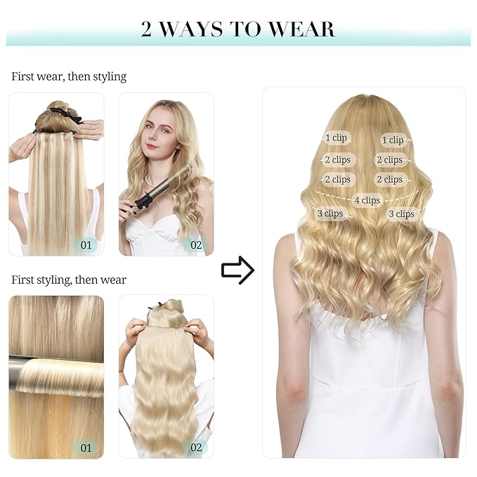 DOORES Human Hair Extensions Clip in, Ash Brown to Platinum Blonde 150g 9pcs 14 Inch, Remy Straight Thick Natural Hair
