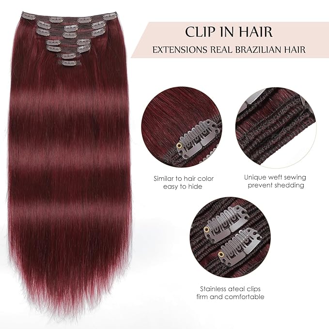 Sisily Clip in Hair Extensions Real Human Hair, 20 inch 160g, Burgundy Red, 100% Brazilian Remy Human Hair Clip in Extensions Soft Straight 7pcs Per Set with 16 Clips Double Weft