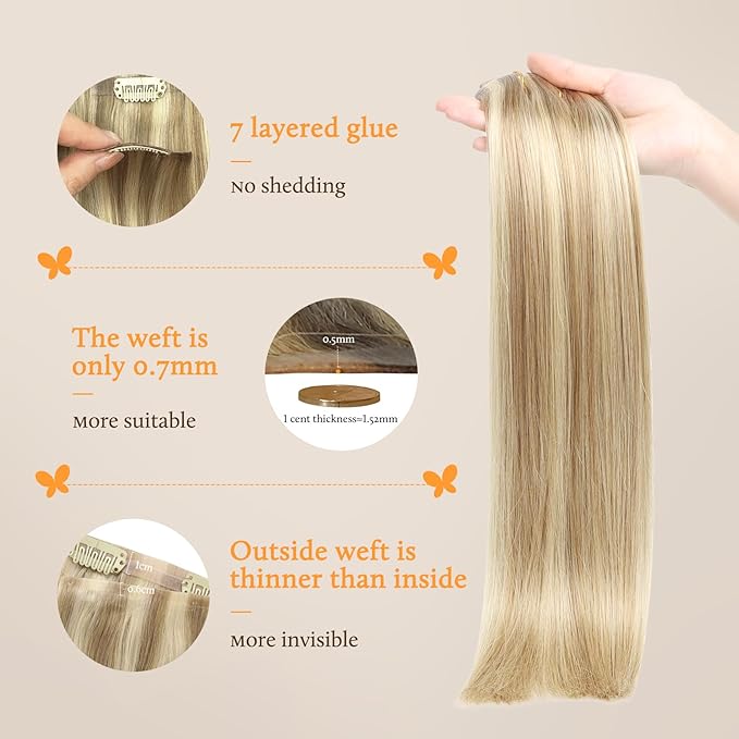 DOORES Hair Extensions Seamless Clip in Real Human Hair, Light Blonde Highlighted Golden Blonde 18 Inch 110g 7pcs, Human Hair Extensions Skin Weft Remy Straight Hair Invisi Edge Hair Extensions