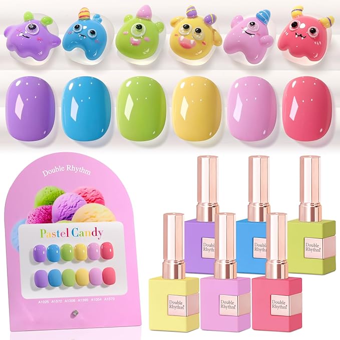Double Rhythm 6 Pcs 15 ML Gel Polish Set Same Color Same Bottle Soak Off Gel Polish Kit Nail Art Manicure Salon DIY at Home for Women (Purple Blue Green Yellow Pink Peach-T6-10)