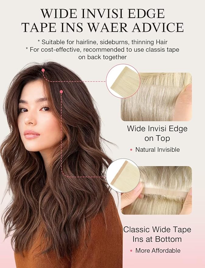 DOORES Invisi Edge Wide Tape in Hair Extensions Real Human Hair, Platinum Blonde 4PCS Injection Tape ins 20g 20 Inch, Invisible Injected 3 Inch Wide Human Extensions Straight