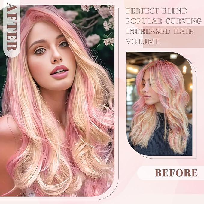 Vigorous Clip in Long Wavy Synthetic Hair Extension 4PCS Light Pink mix Blonde Hair Extensions 20Inch Easy to Install for Daily Use and Event Party Use