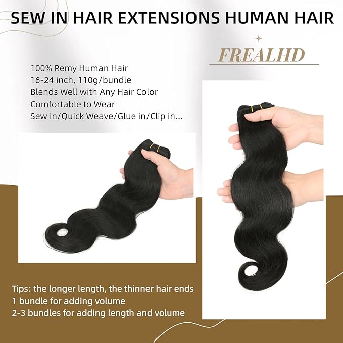 Sew in Hair Extensions Real Human Hair, 110g 16 inch 1B Natural Black Body Wave Bundles Remy Human Hair Weave Extensions Double Weft