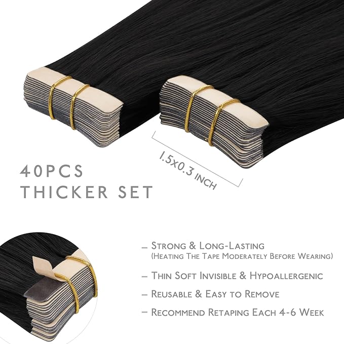 Wennalife Tape in Hair Extensions Human Hair, 40pcs 100g 14 inch Jet Black Hair Extensions Real Human Hair Straight Tape in Extensions Invisible Human Hair Extensions Reusable Real Hair Extensions