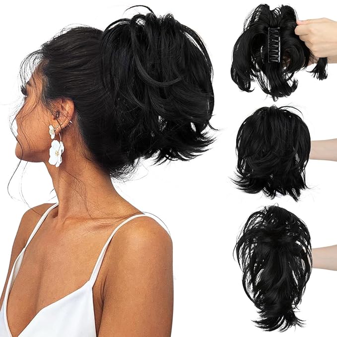 CJL HAIR Claw Clip Short Ponytail Hair Extensions DIY Bendable Metals Messy Bun Hair Piece for Wonen Straight Synthetic Fake Hairpieces Jet Black