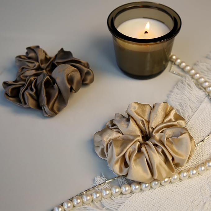 100% Mulberry Silk Scrunchies for Women and Girls,Pure Silk Hair Tie,No-Crease Ponytail Holder,Soft & Gentle on Hair,Elastic Band for All Hair Types,1 Pack,Champagne
