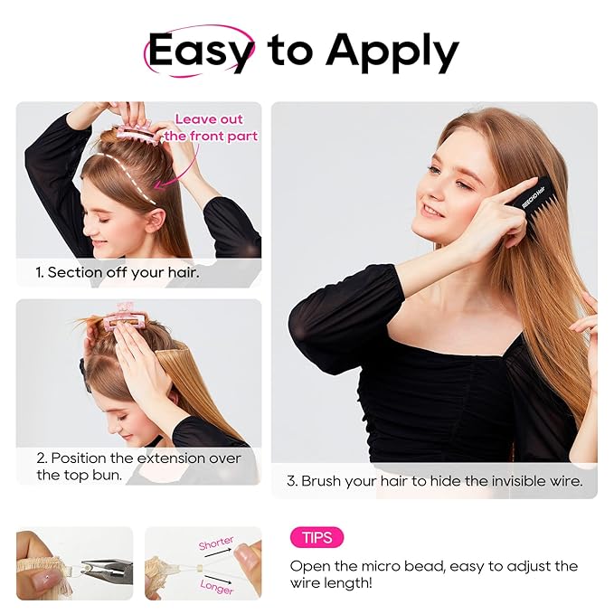 REECHO 16" Invisible Wire Hair Extensions with Thinner Softer Lace Weft Adjustable Size Removable Secure Clips in Short Straight Secret Hairpiece for Women - Dark Brown with Highlights