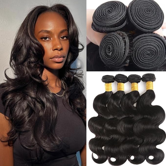 Body Wave Human Hair Bundles 16 16 16 16 Inch 12A Body Wave Bundles Human Hair Unprocessed Brazilian Virgin Hair 4 Bundles Human Hair Weave Bundles Deals Real Human Hair Natural Black Color