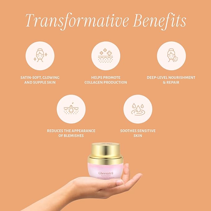 Shankara Gheesutra Face Emulsion with 100X Washed A2 Ghee, Hibiscus, and Vitamin C – Daily Facial Moisturizer for Skin Firming, Toning, and Hydration – Ayurvedic Skin Care for All Skin Types